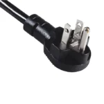 An angled plug 15 amp power supply cord with NEMA 5-15P refers to a cable featuring a standard North American three-prong plug (NEMA 5-15P) with a connector that bends at an angle