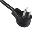 An angled plug 15 amp power supply cord with NEMA 5-15P refers to a cable featuring a standard North American three-prong plug (NEMA 5-15P) with a connector that bends at an angle
