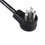 An angled plug 15 amp power supply cord with NEMA 5-15P refers to a cable featuring a standard North American three-prong plug (NEMA 5-15P) with a connector that bends at an angle