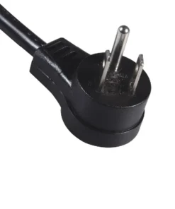 An angled plug 15 amp power supply cord with NEMA 5-15P refers to a cable featuring a standard North American three-prong plug (NEMA 5-15P) with a connector that bends at an angle
