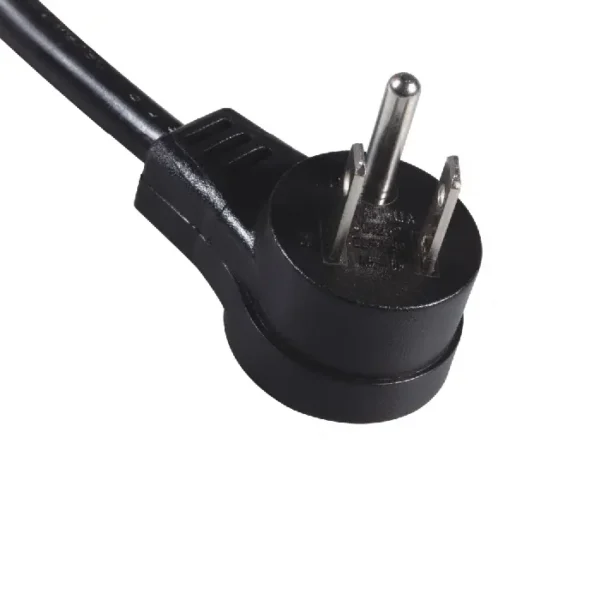 An angled plug 15 amp power supply cord with NEMA 5-15P refers to a cable featuring a standard North American three-prong plug (NEMA 5-15P) with a connector that bends at an angle